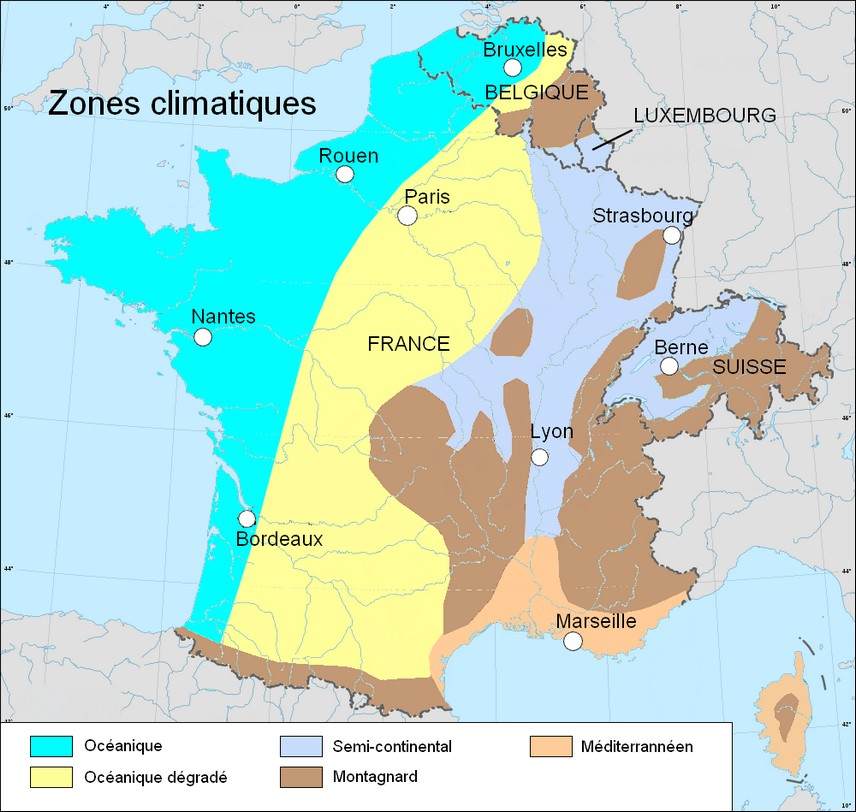 zones climatiques en France, Belgique, Suisse et Luxembourg