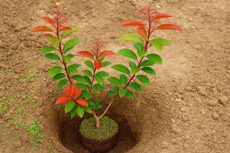 The planting of a Photinia. Image enhanced by AI