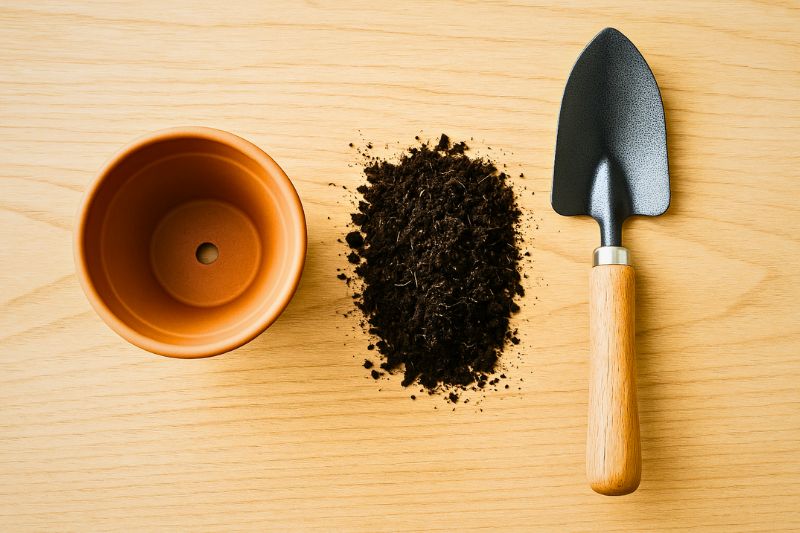 A pot, potting compost and a trowel: equipment needed for repotting houseplants