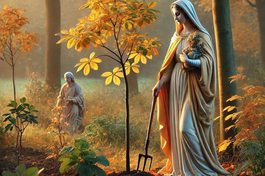 Illustration de sainte catherine armée d'une fourche de jardin