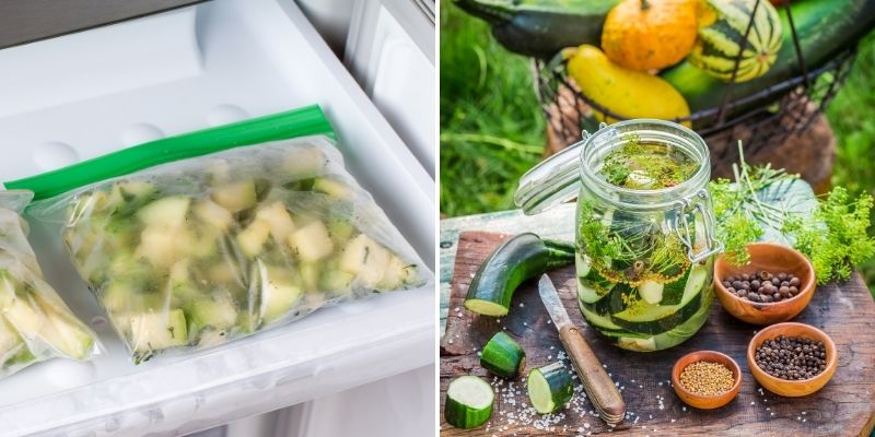 left: courgette in the freezer; right: jar of preserved courgette