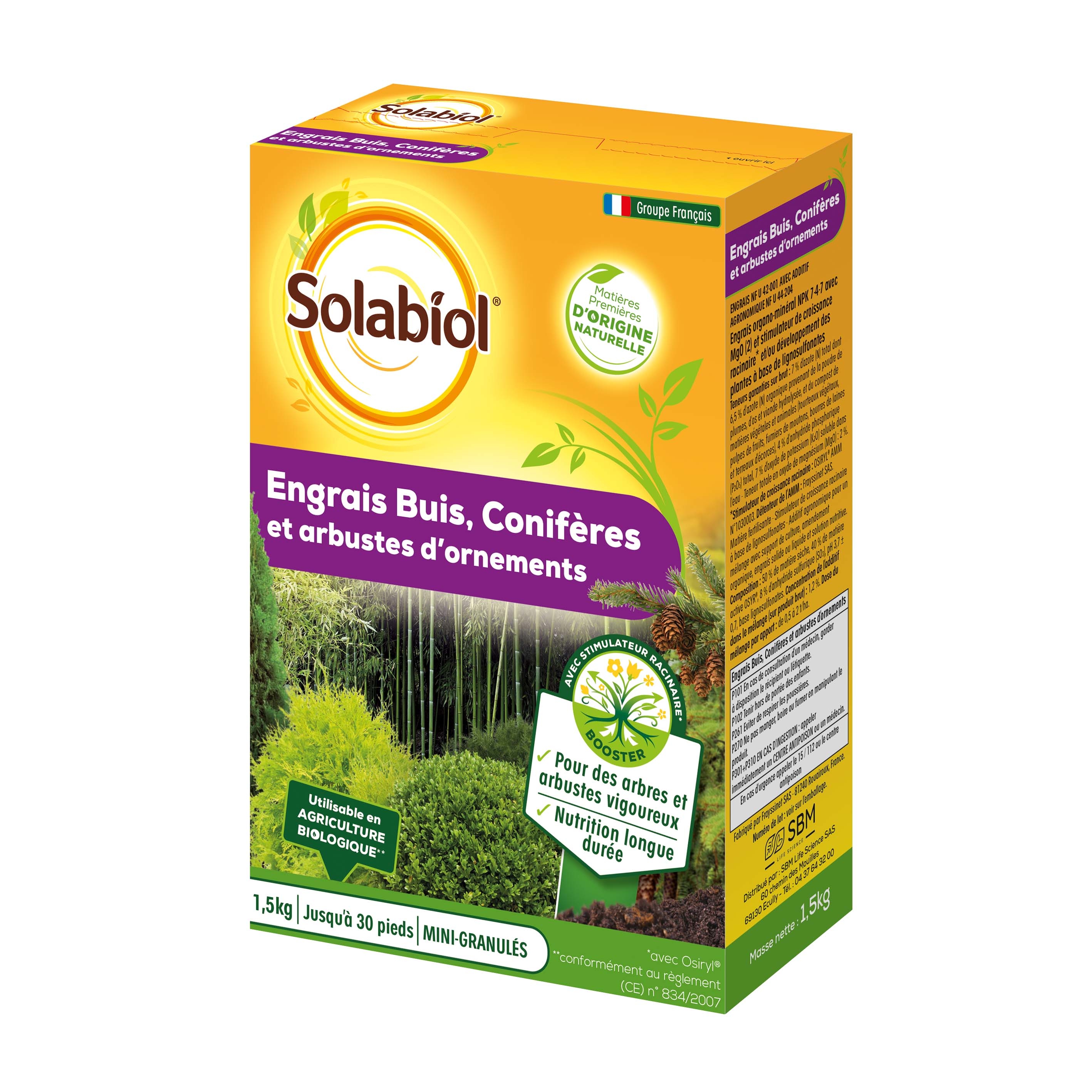 Engrais Conifères et arbustes d'ornement Solabiol en boîte de 1.5 Kg