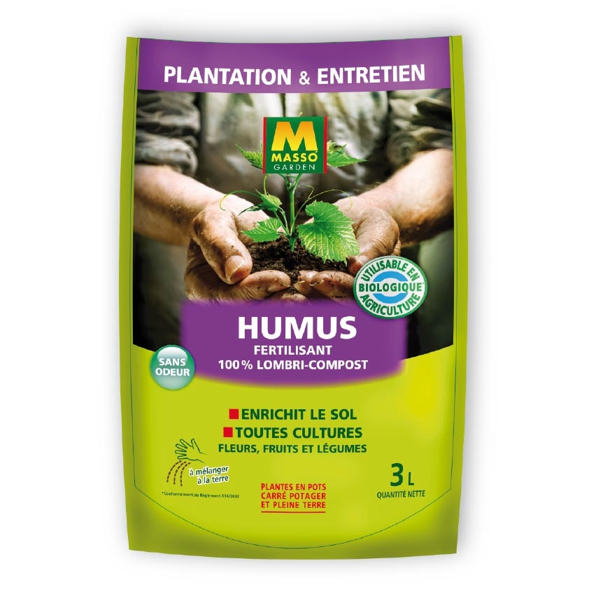 Humus Fertilisant 100 % Lombri-Compost Masso Garden en sac de 3 litres