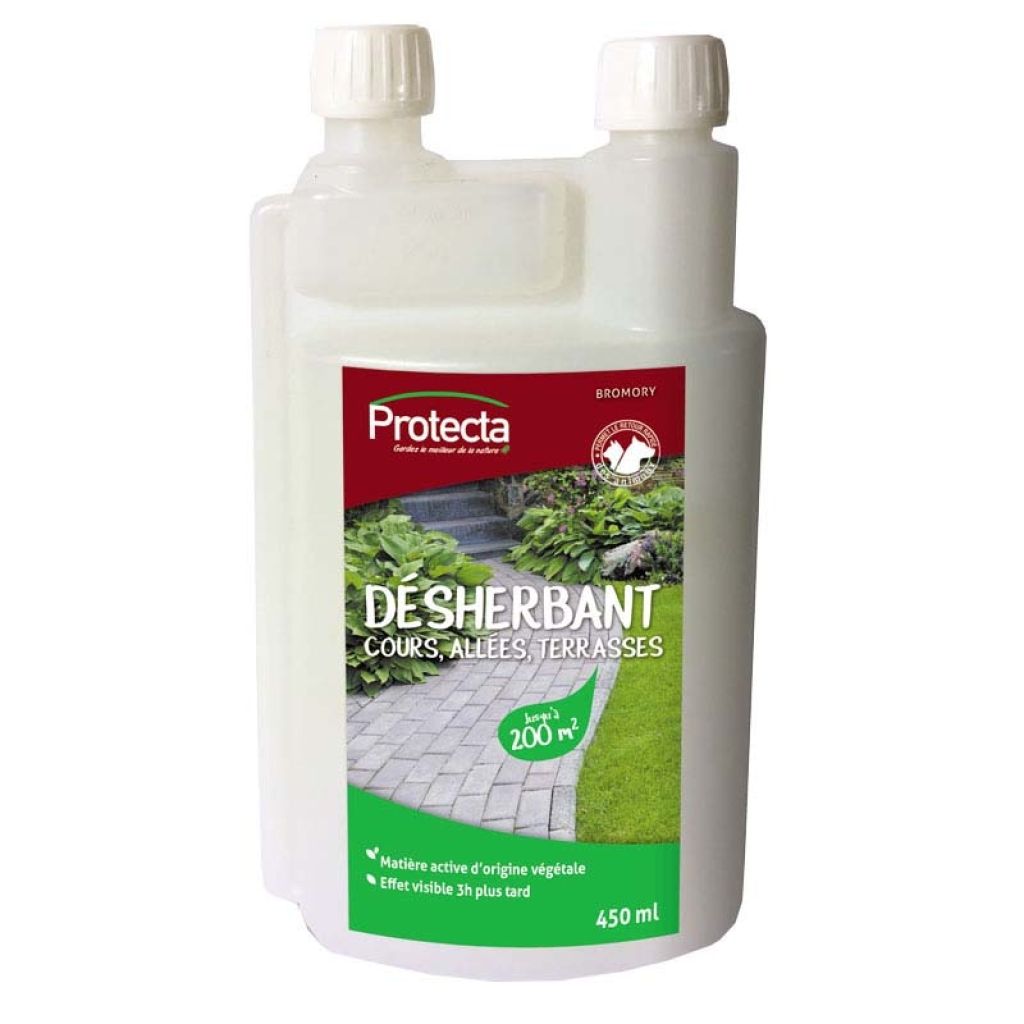 Désherbant concentré COURS ALLEES TERRASSES PROTECTA bidon de 450ml.