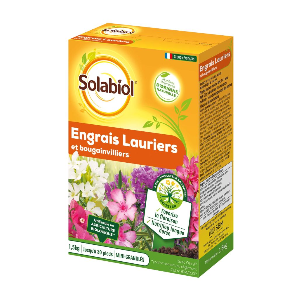 Engrais lauriers et bougainvilliers Solabiol en boîte de 1.5 Kg 