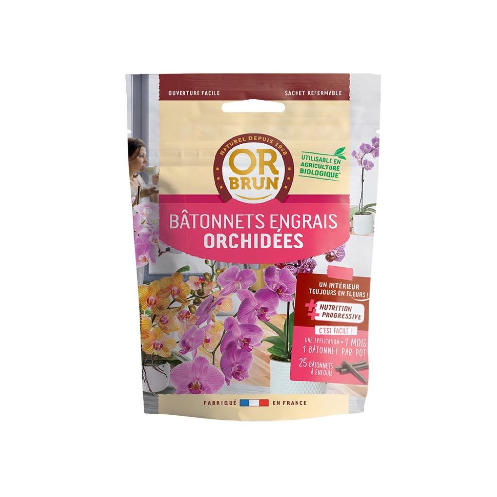 25 Bâtonnets d'engrais Orchidées Or Brun en sachet refermable