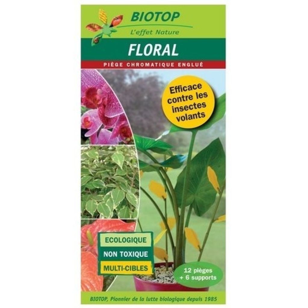 Pièges chromatiques "floral" englués Biotop (12 pièges+6 tuteurs)