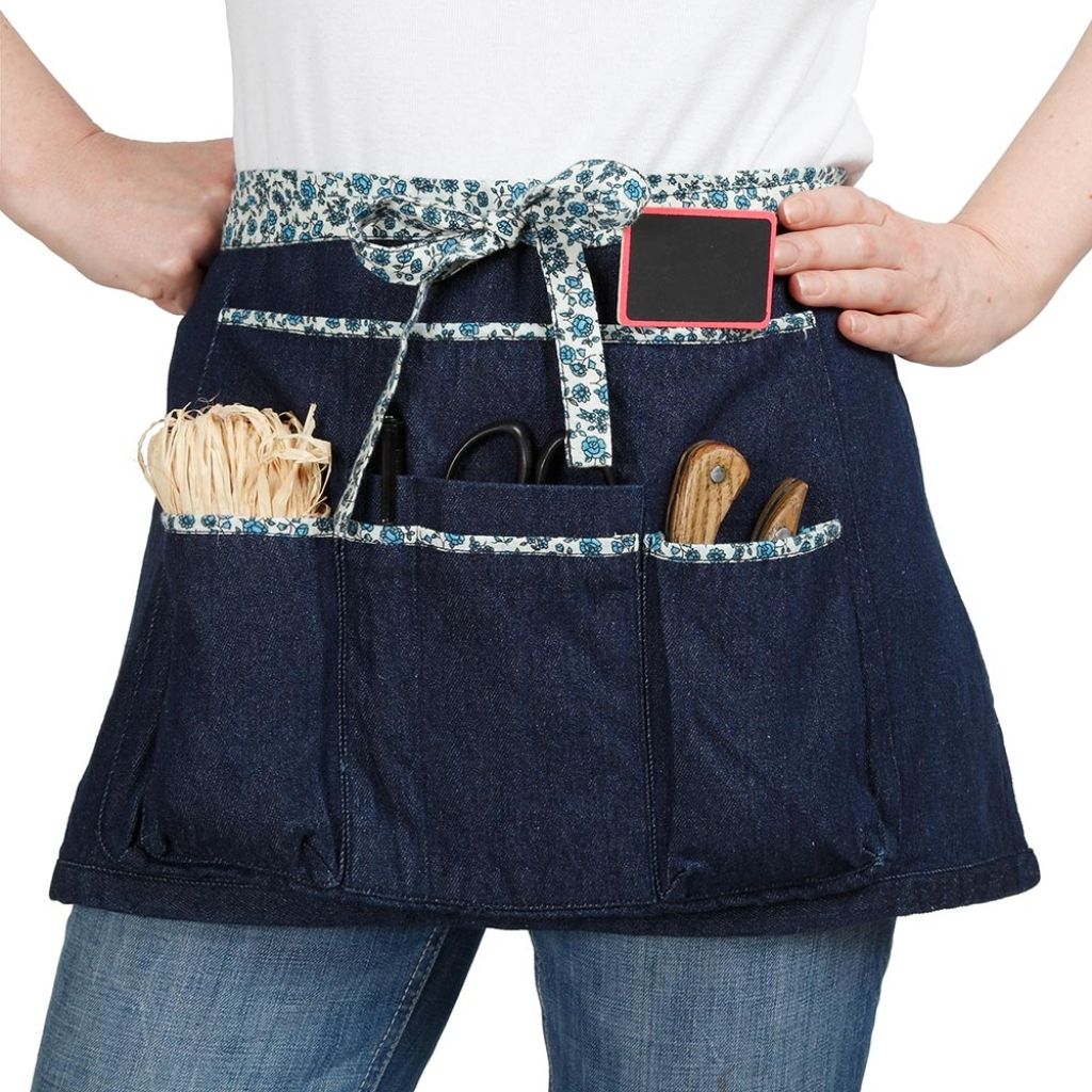 Tablier de jardin court Bleu jean ceinture 7 poches 100% coton - Taille unique