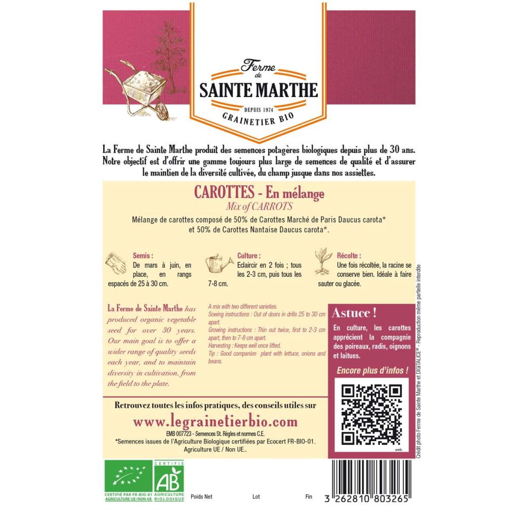 Carotte en mélange (Marché de Paris - Nantaise) - Bio - Ferme de Sainte Marthe