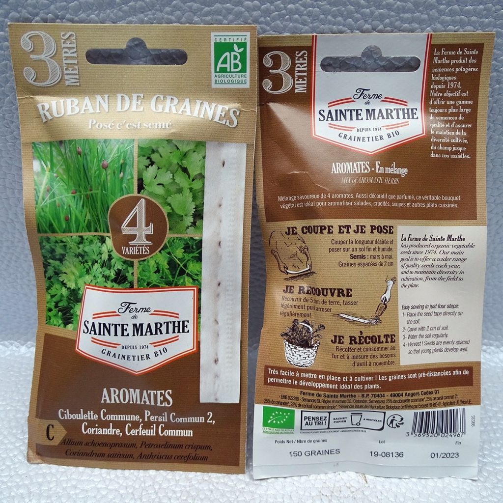 Carte Ruban d'Aromates en mélange (Ciboulette commune - Persil commun 2 - Coriandre - Cerfeuil commun) - Bio - Ferme de Sainte Marthe