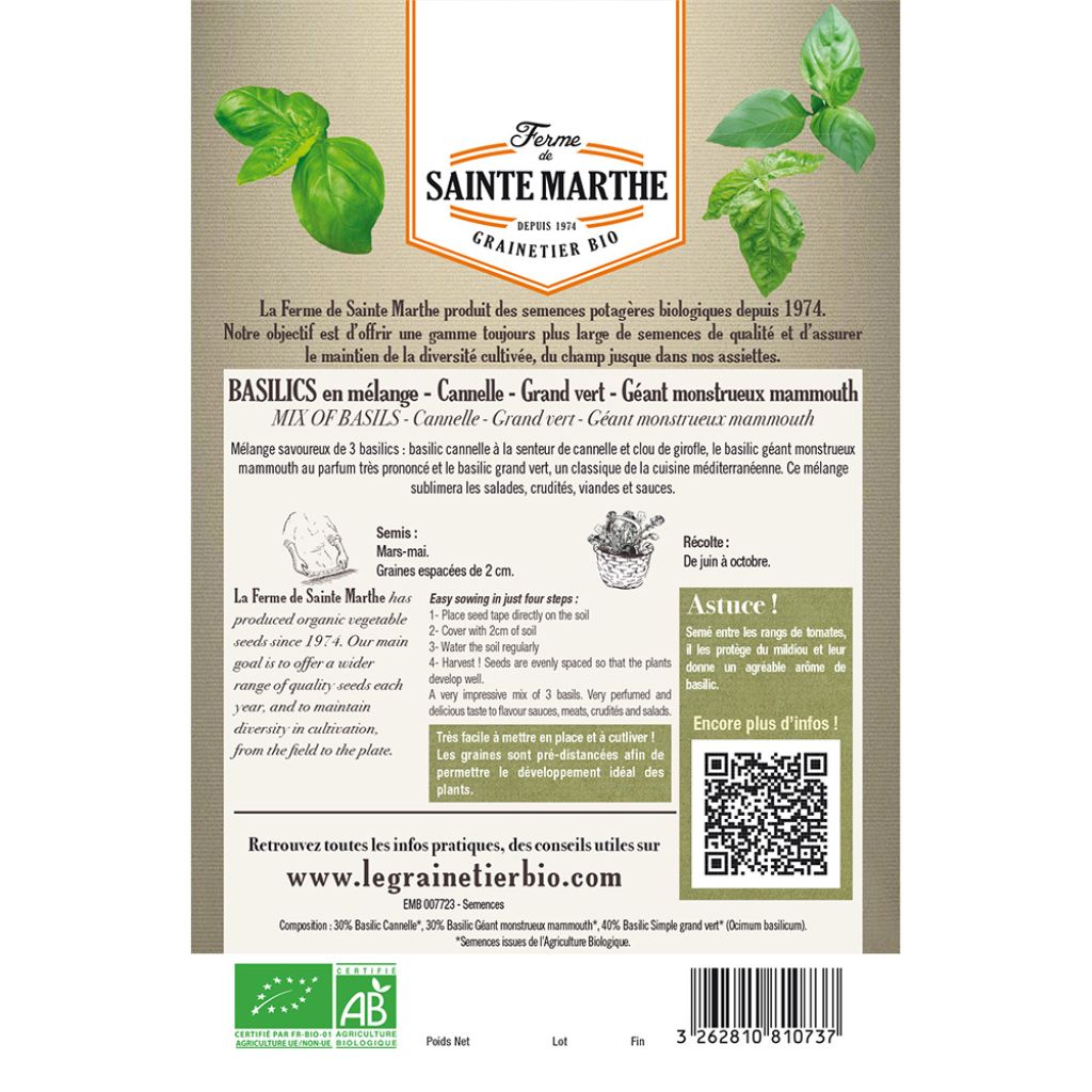 Carte Ruban de Basilics en mélange (Basilic Cannelle - Basilic Géant Monstrueux - Basilic Grand Vert) - Bio - Ferme de Sainte Marthe