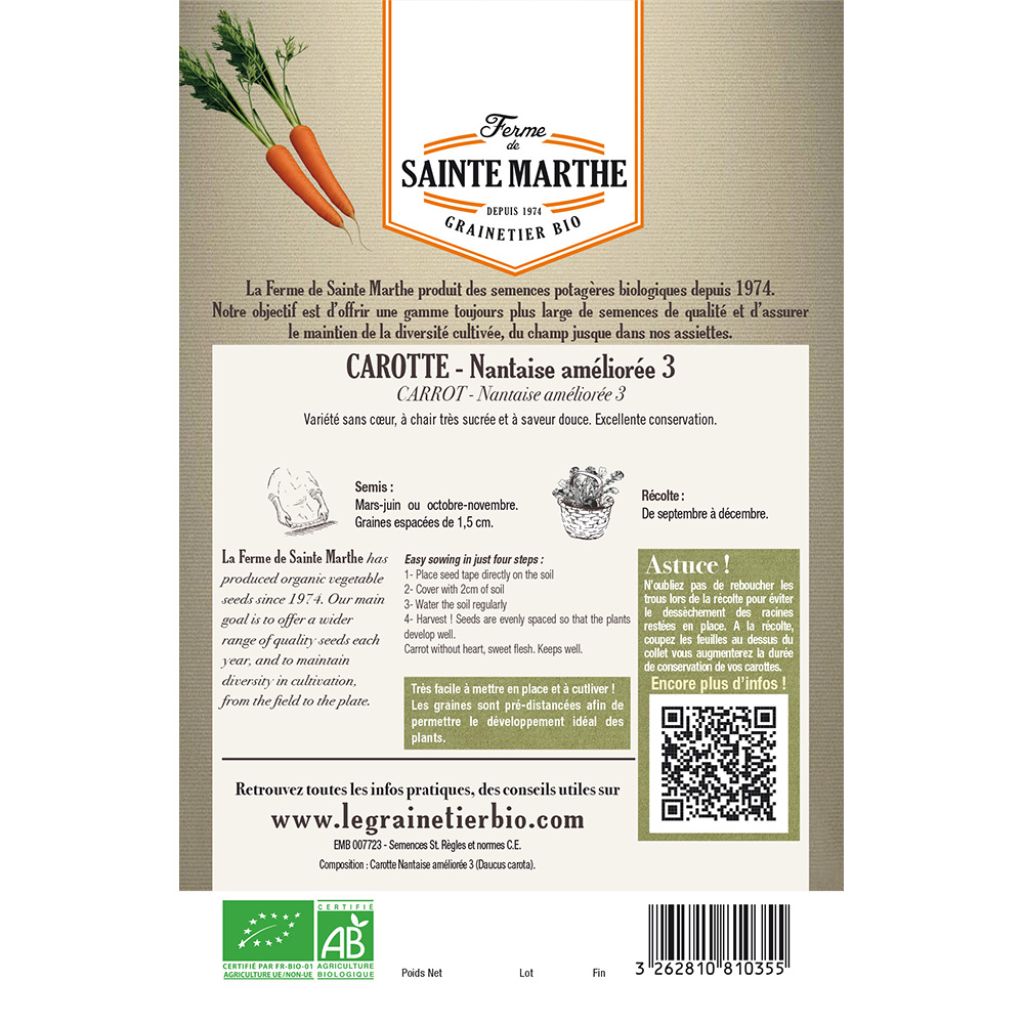 Carte ruban de Carotte Nantaise améliorée 3 - Bio - Ferme de Sainte Marthe