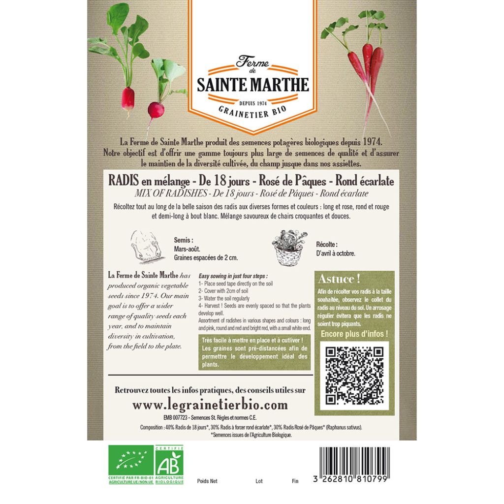 Carte ruban de Radis de 18 jours - Rosé de Pâques - Rond Ecarlate - Bio - Ferme de Sainte Marthe