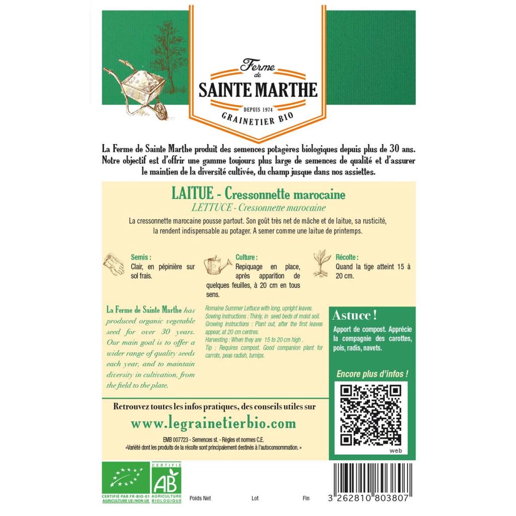 Laitue Cressonnette Marocaine Bio - Ferme de Sainte Marthe - Graines de salade à couper