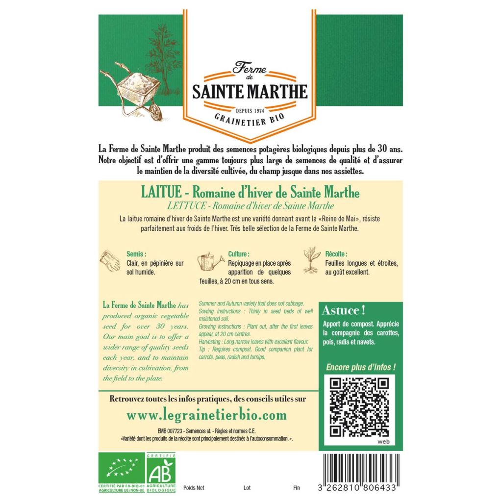 Laitue Romaine d'Hiver de Sainte-Marthe Bio - Ferme de Sainte Marthe