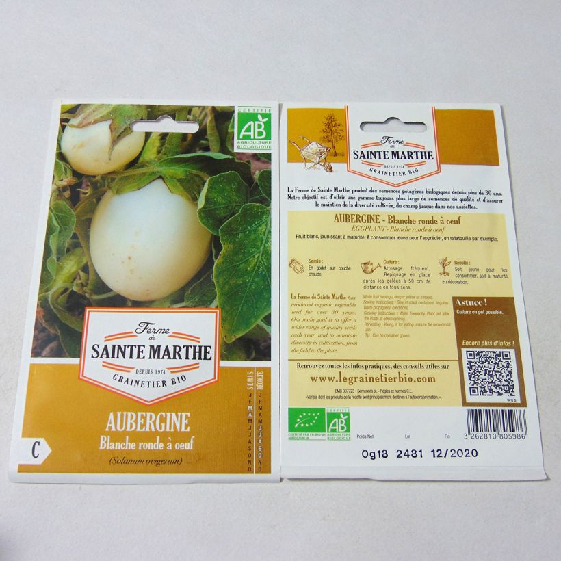 Exemple de spécimen de Aubergine Blanche Ronde à Oeuf - Bio - Ferme de Sainte Marthe Graines tel que livré