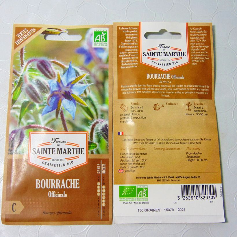 Exemple de spécimen de Bourrache officinale Bio - Ferme de Ste Marthe le sachet de 90 graines (2g) tel que livré