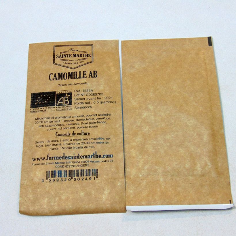 Exemple de spécimen de Camomille Bio - Ferme de Sainte Marthe le sachet de 10900 graines (0,8g) tel que livré