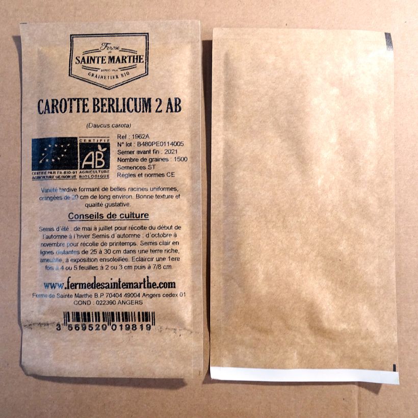Exemple de spécimen de Carotte Berlicum 2 Bio - Ferme de Sainte Marthe Graines tel que livré
