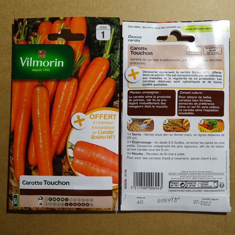 Exemple de spécimen de Carotte Touchon + échantillon carotte Boléro - Vilmorin Graines tel que livré