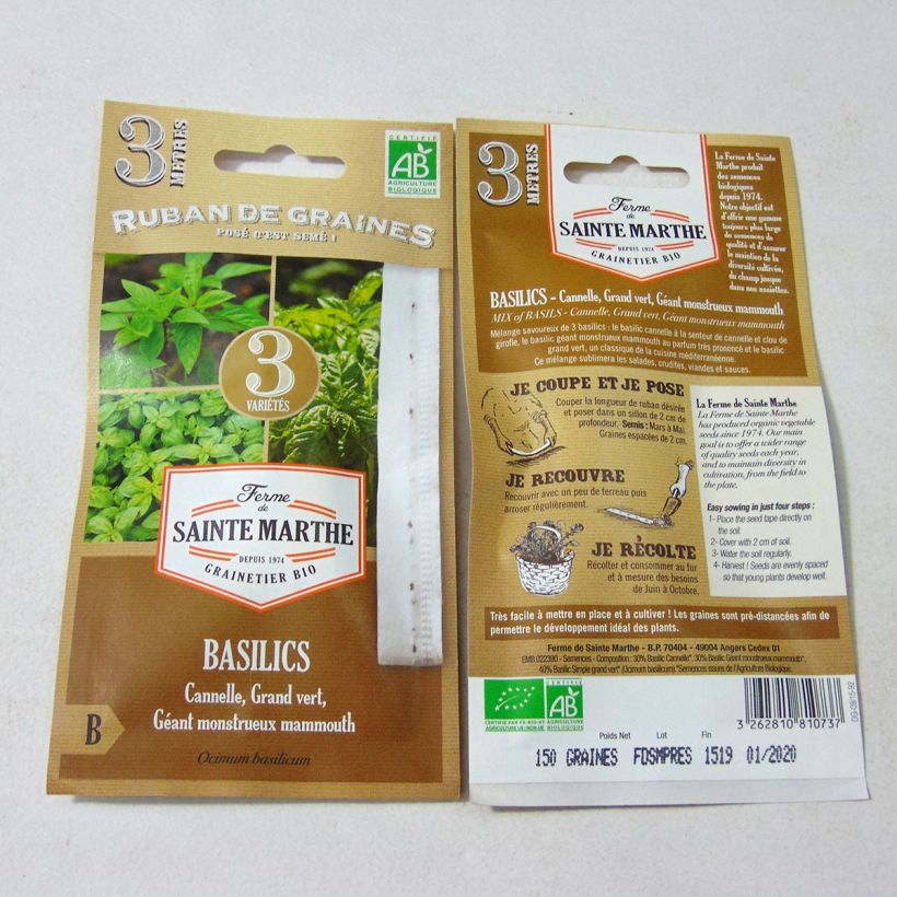Exemple de spécimen de Carte Ruban de Basilics en mélange (Basilic Cannelle - Basilic Géant Monstrueux - Basilic Grand Vert) - Bio - Ferme de Sainte Marthe Graines tel que livré