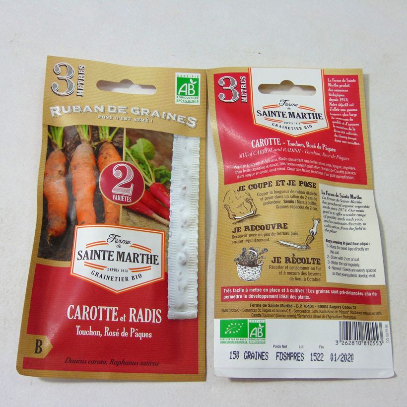 Exemple de spécimen de Carte ruban de Carotte Touchon - Radis Rose de Pâques - Bio - Ferme de Sainte Marthe Graines tel que livré