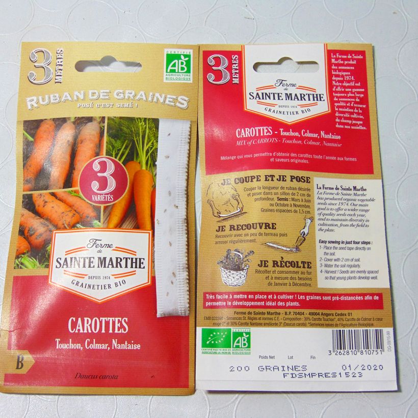 Exemple de spécimen de Carte ruban de Carottes en mélange (Touchon, Colmar, Nantaise) - Bio - Ferme de Sainte Marthe Graines tel que livré