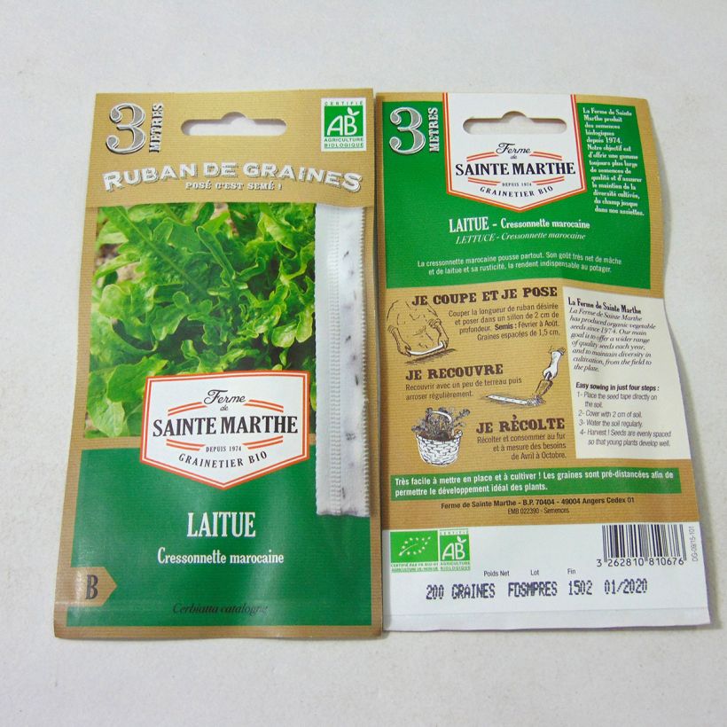 Exemple de spécimen de Carte ruban de Laitue Cressonnette Marocaine Bio - Ferme de Sainte Marthe Graines tel que livré