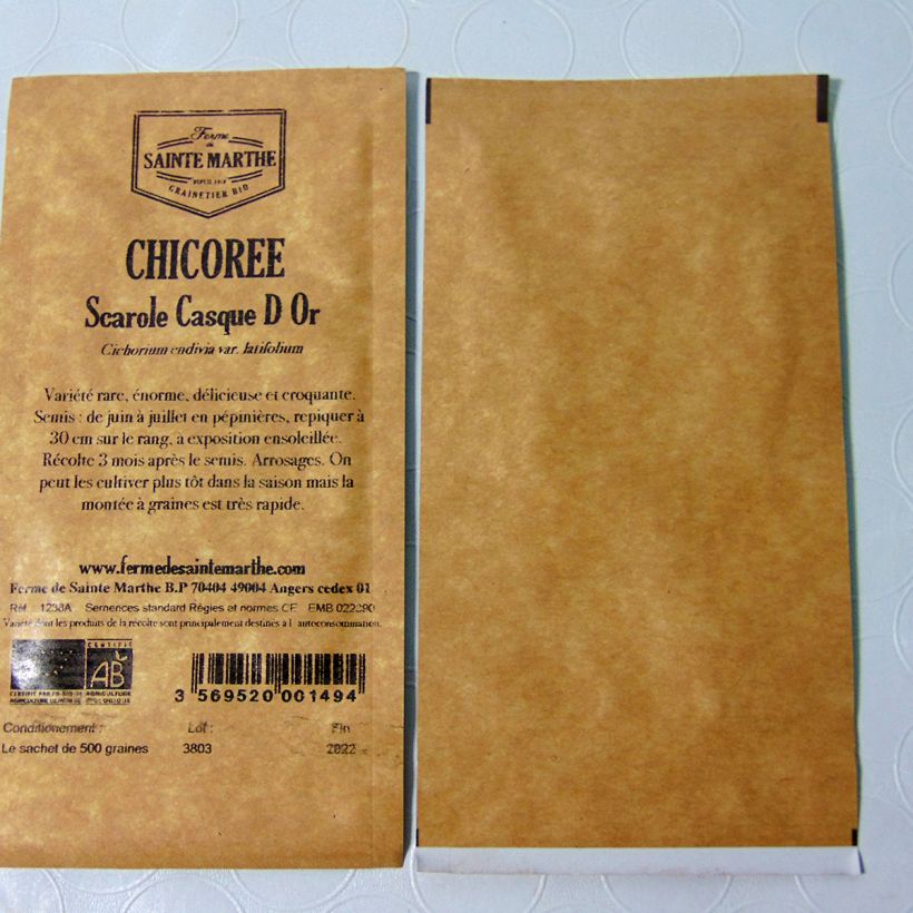 Exemple de spécimen de Chicorée scarole Casque d'Or Bio - Ferme de Sainte Marthe le sachet de 500 graines tel que livré