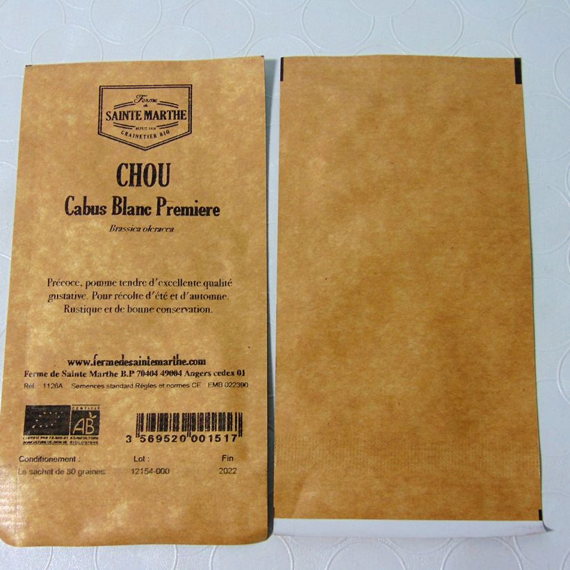 Exemple de spécimen de Chou Cabus Blanc Première Bio - Ferme de Sainte Marthe le sachet de 80 graines tel que livré