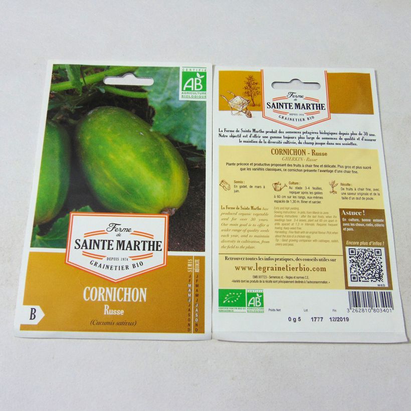 Exemple de spécimen de Cornichon Russe Bio - Ferme de Sainte Marthe le sachet de 20 graines tel que livré