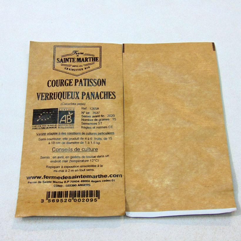 Exemple de spécimen de Courge Pâtisson verruqueux panaché Bio - Ferme de Sainte Marthe Graines tel que livré