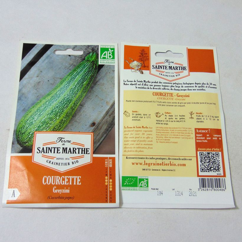 Exemple de spécimen de Courgette Greyzini Bio - Ferme de Sainte Marthe Graines tel que livré