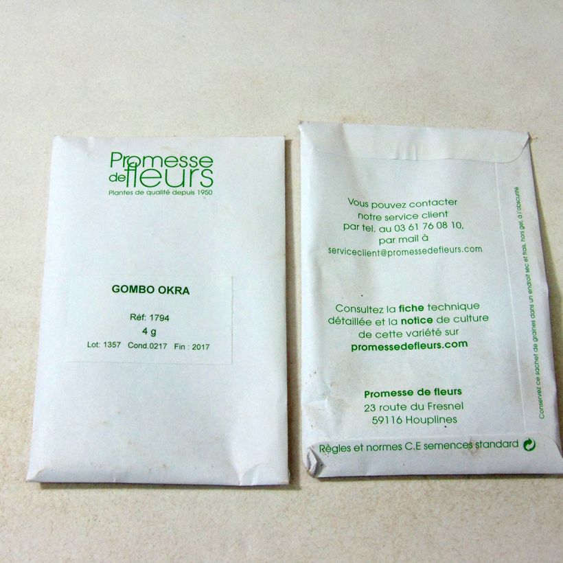 Exemple de spécimen de Gombo Okra - Abelmoschus esculentus le sachet de +/- 35 graines (minimum 4g) tel que livré