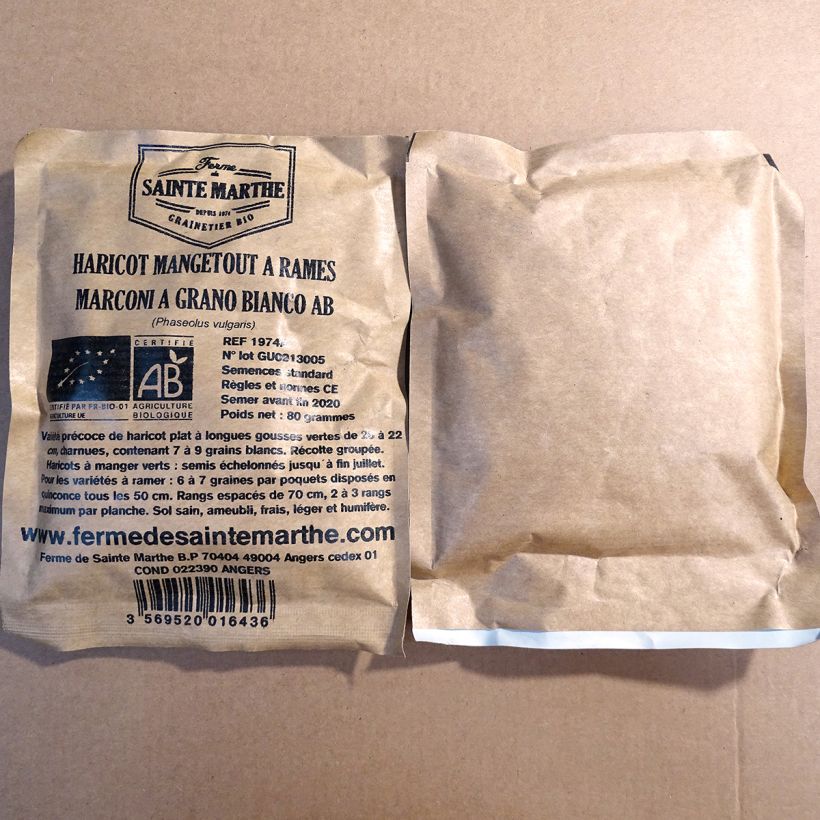 Exemple de spécimen de Haricot Marconi a Grano Bianco bio (mangetout à rames - Coco plat) - Ferme de Sainte Marthe le sachet de 160 graines (80g) tel que livré