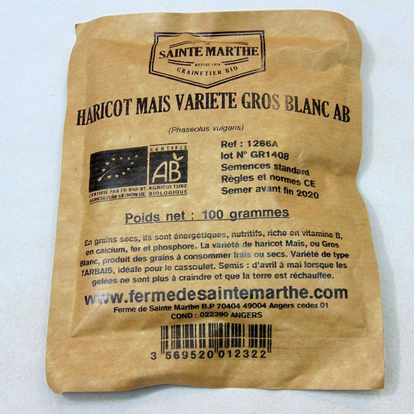 Exemple de spécimen de Haricot à rames à écosser Maïs Variété Gros Blanc Bio - Ferme de Sainte Marthe Graines tel que livré