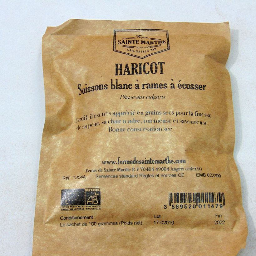 Exemple de spécimen de Haricot à rames à écosser Soissons gros blanc Bio - Ferme de Sainte Marthe  Graines tel que livré