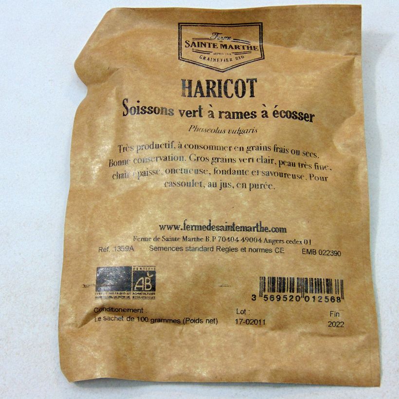 Exemple de spécimen de Haricot à rames à écosser Soissons vert Bio - Ferme de Sainte Marthe  Graines tel que livré
