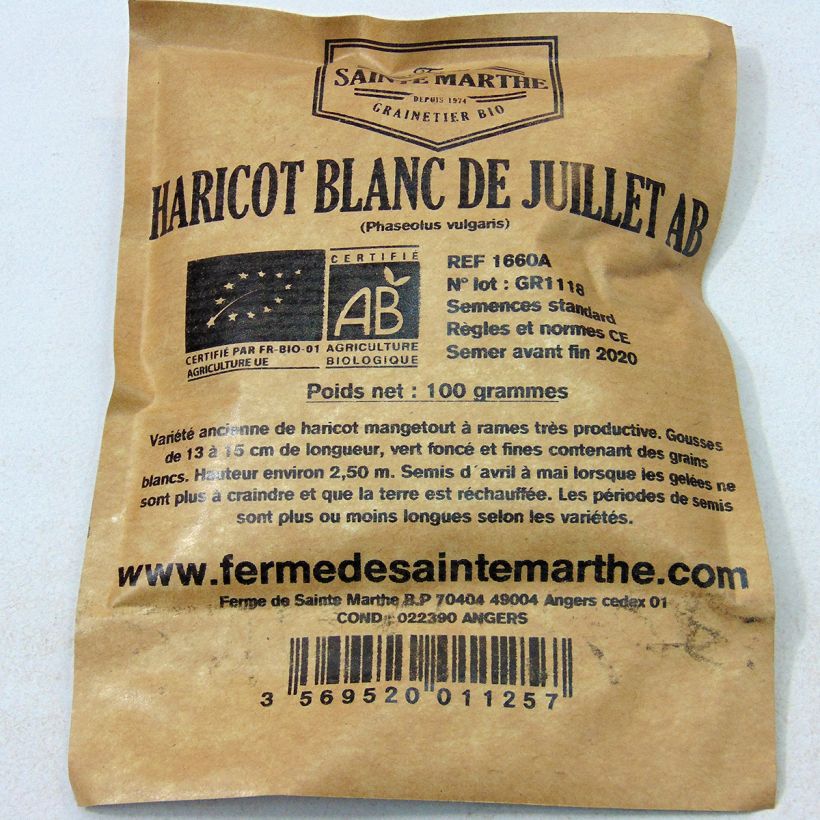 Exemple de spécimen de Haricot à rames mangetout Blanc de Juillet Bio - Ferme de Sainte Marthe Graines tel que livré