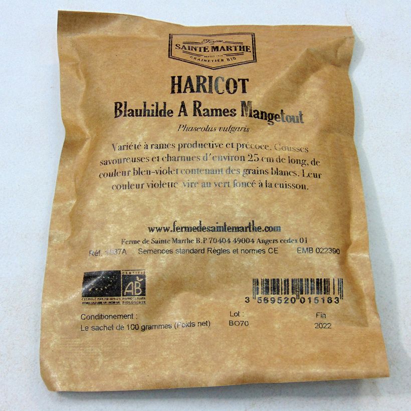 Exemple de spécimen de Haricot à rames mangetout Blauhilde Bio - Ferme de Sainte Marthe Graines tel que livré