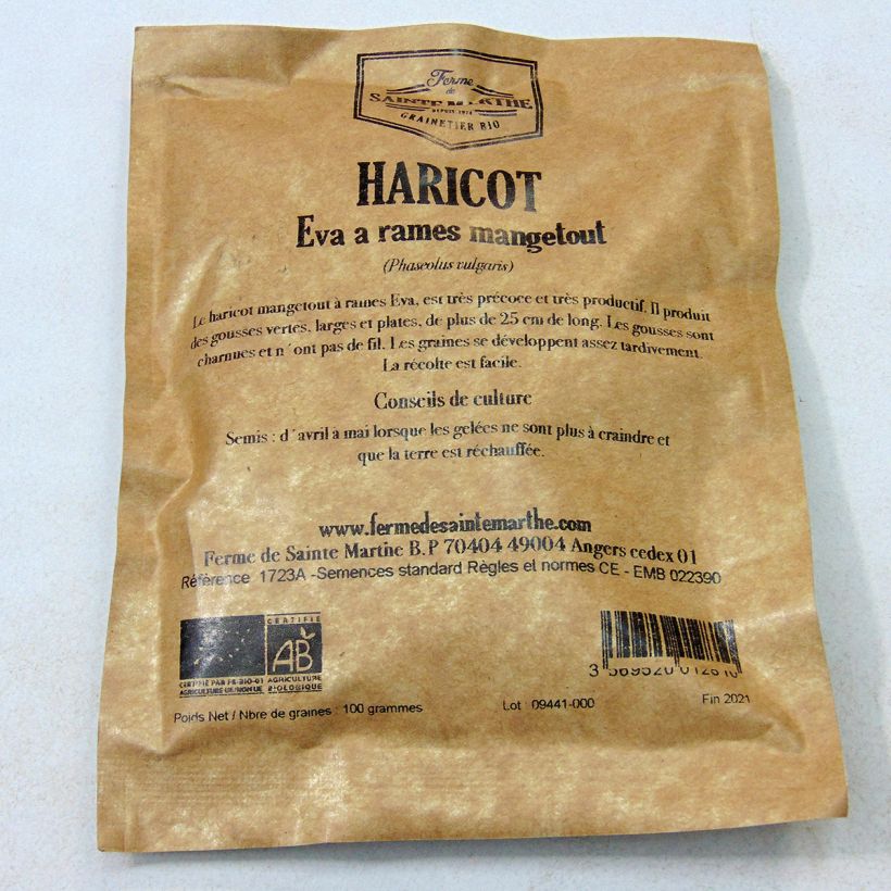 Exemple de spécimen de Haricot à rames mangetout Eva Bio - Ferme de Sainte Marthe tel que livré