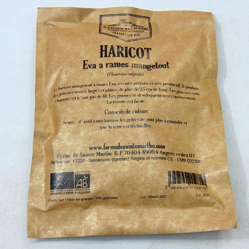 Exemple de spécimen de Haricot à rames mangetout Eva Bio - Ferme de Sainte Marthe Graines tel que livré
