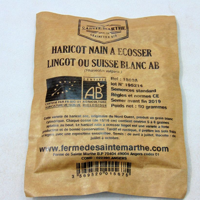 Exemple de spécimen de Haricot nain à écosser Lingot suisse blanc Bio - Ferme de Sainte Marthe tel que livré