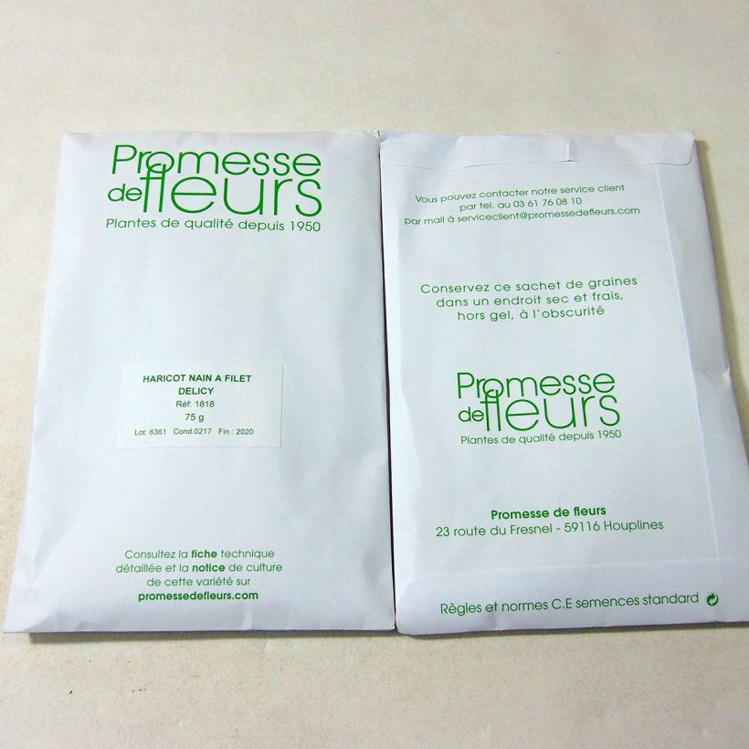Exemple de spécimen de Haricot nain à filet Delicy le sachet de 150 graines (75g) tel que livré