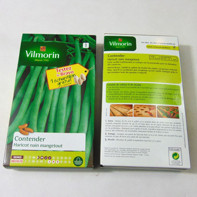 Exemple de spécimen de Haricot nain mangetout Contender + échantillon Bravo - Vilmorin le sachet de 400 graines (200g) tel que livré