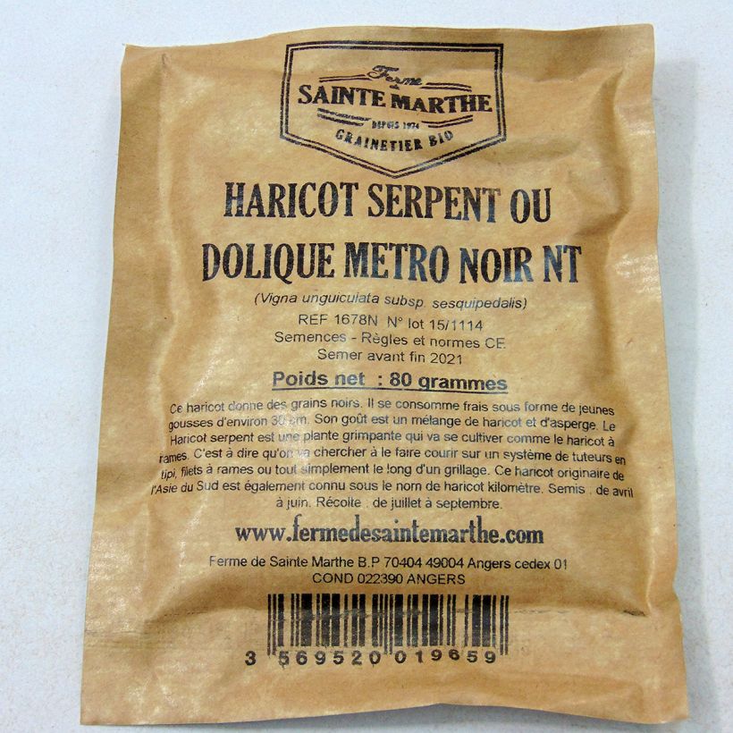 Exemple de spécimen de Haricot serpent ou Dolique Metro noir NT - Ferme de Sainte Marthe tel que livré