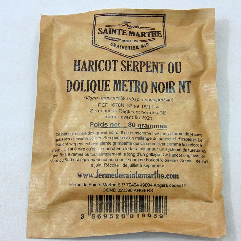 Exemple de spécimen de Haricot serpent ou Dolique Metro noir NT - Ferme de Sainte Marthe Graines tel que livré