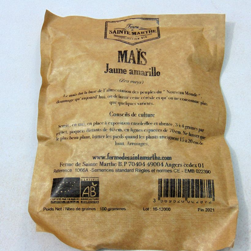 Exemple de spécimen de Maïs jaune Amarillo Bio - Ferme de Ste Marthe Graines tel que livré