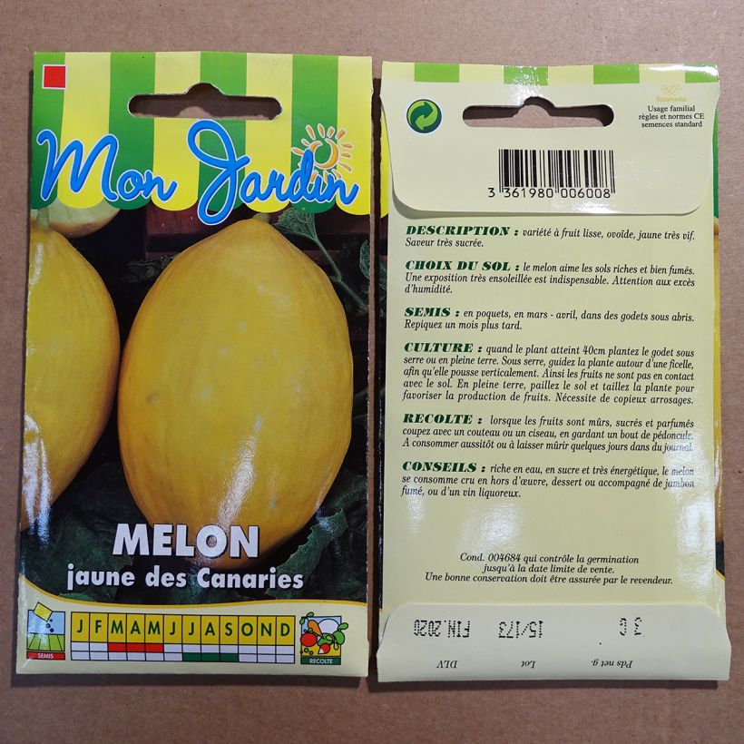 Exemple de spécimen de Melon Jaune Canari 2  le sachet de 75 graines (3g) tel que livré