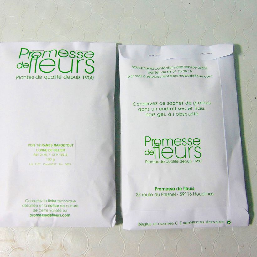 Exemple de spécimen de Pois à rames Corne de Bélier mangetout  - Pisum sativum le sachet de 250-350 graines (minimum 100g) tel que livré
